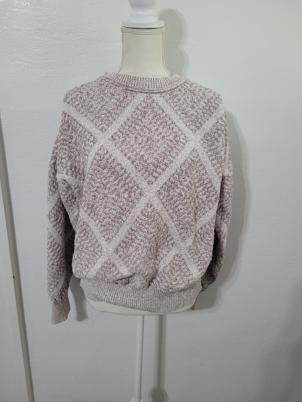Vintage Cotton Diamond Pattern Sweater Size Medium Grandpacore Light Academia